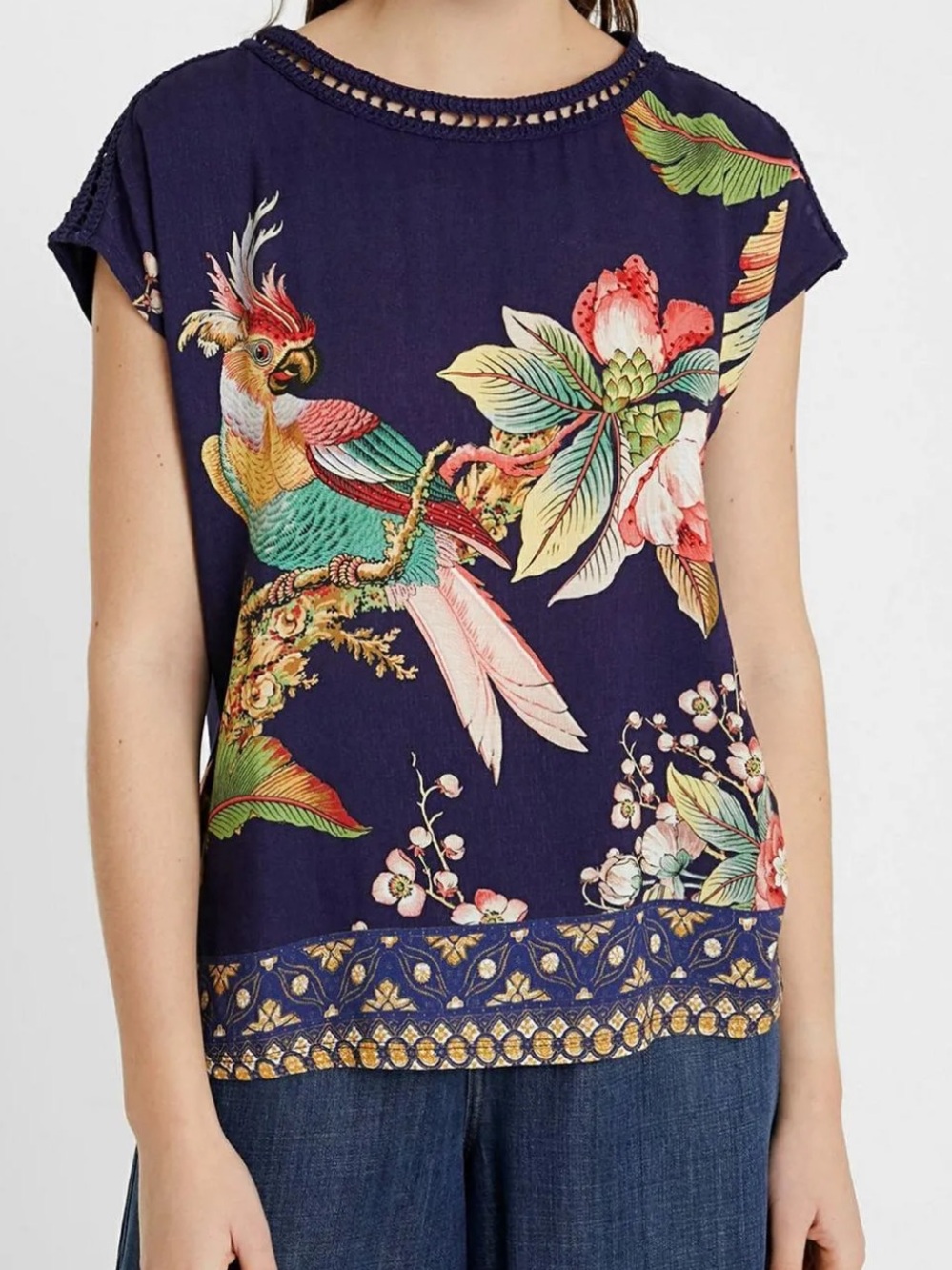 Desigual embellished Top size M blue with patterned front and a jersey back